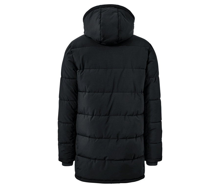 Schwarze Daunenjacke mit Kapuze, von hinten gesehen.
