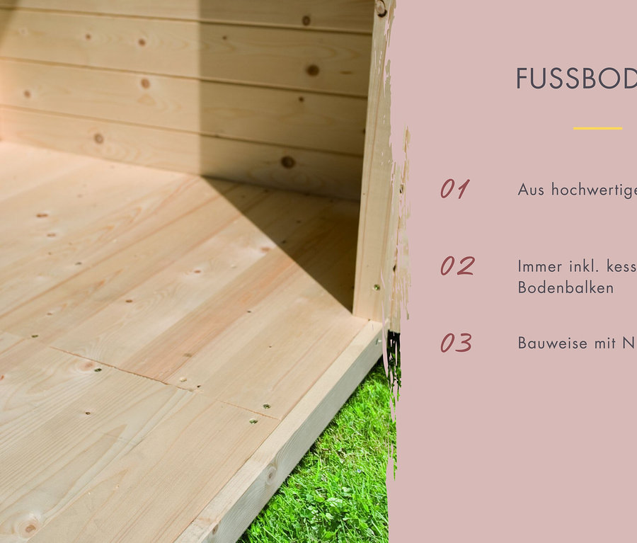 Boden aus Massivholz mit Nut- und Federbrettern.