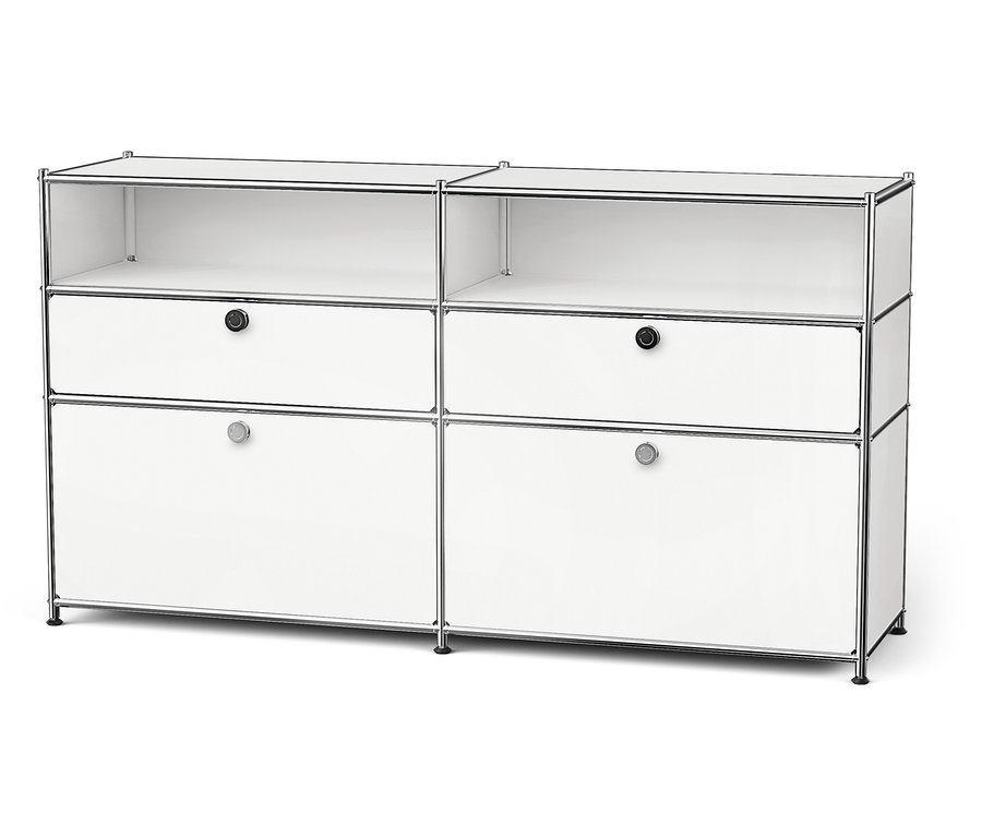 Weißes Sideboard Metall "CN3" mit 2 Klappenfächern, 2 Schubladen und 2 offenen Fächern.