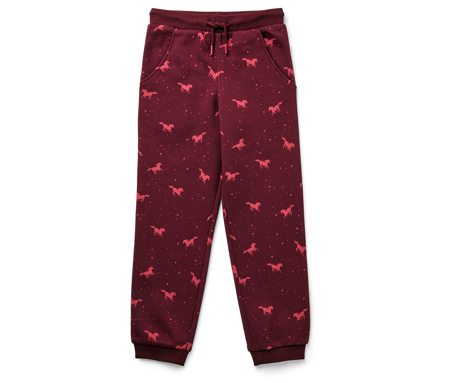 Weinrote Jogginghose mit rosa Pferde- und Sternenmuster.