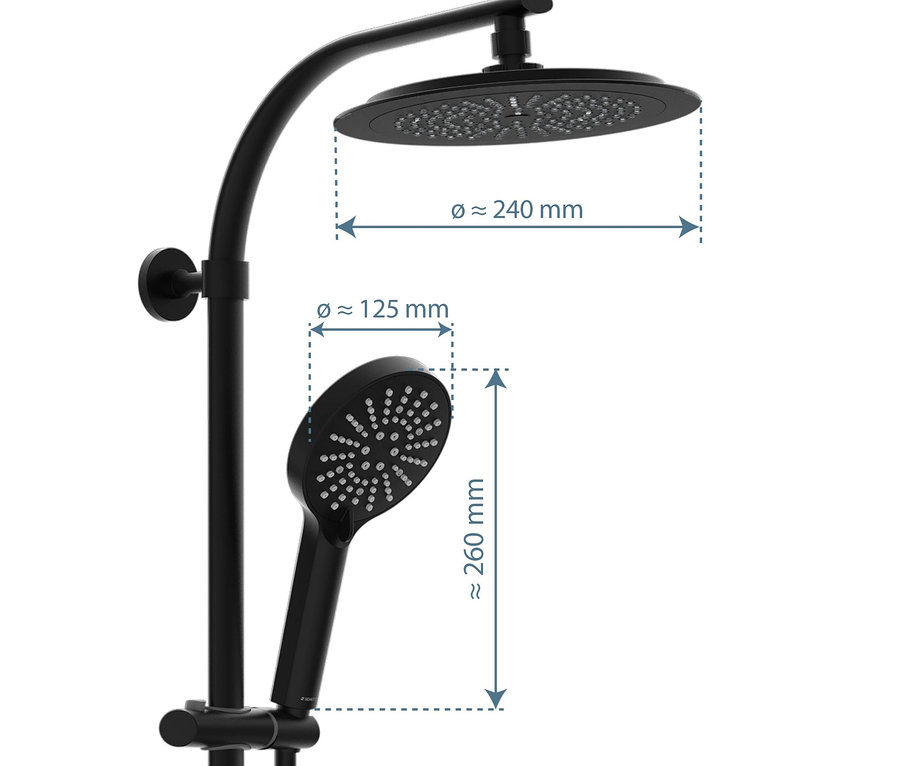 Schwarzes Überkopfbrause-Set »Madura Fresh« mit Maßangaben dargestellt.