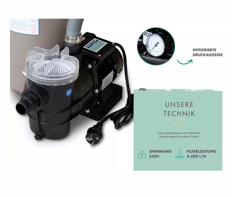 Detailansicht des Filtersystems Karibu Minipool-Set und Karibu Gartenpool-Set. Schwarzer Motor mit transparentem Deckel, Schlauch und Manometer.