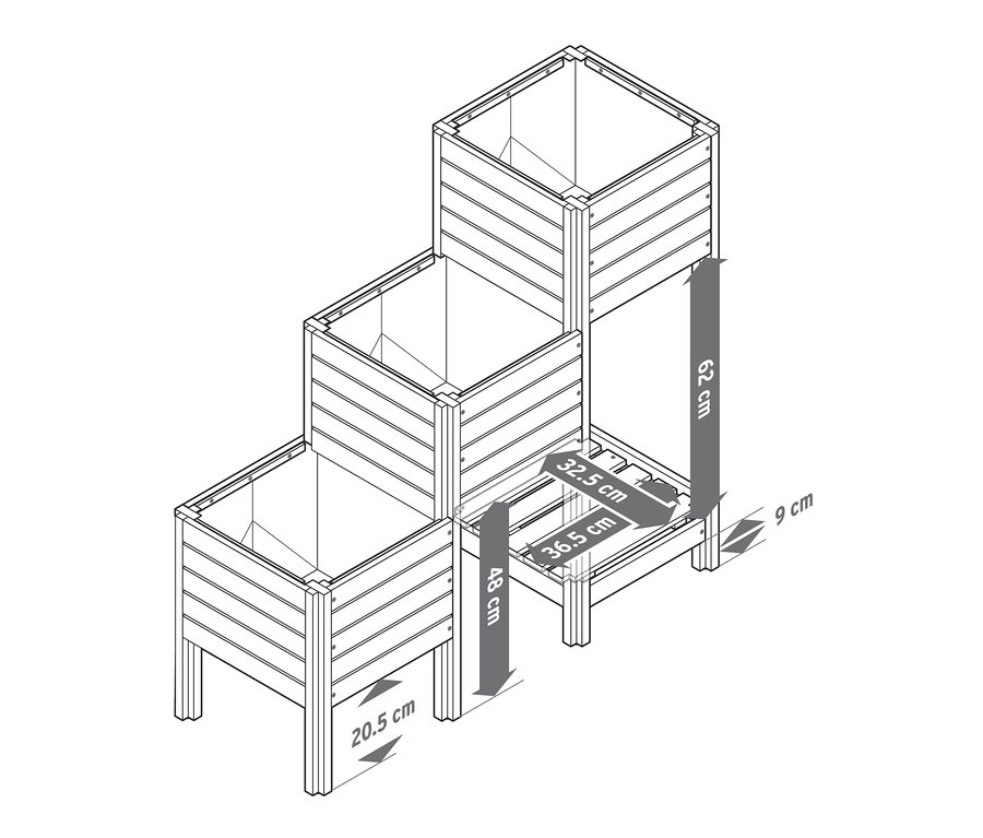 Illustration einer Pflanztreppe »Tinus« mit Regalboden und Abmessungen.