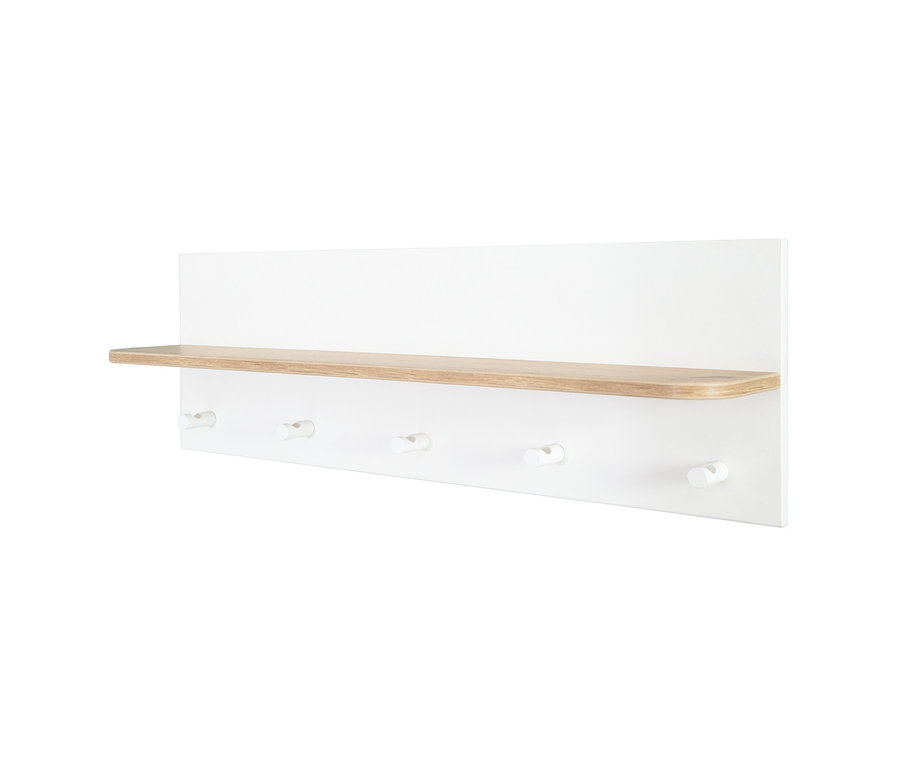 Weiße Wandgarderobe mit Holzablage und fünf Haken.
