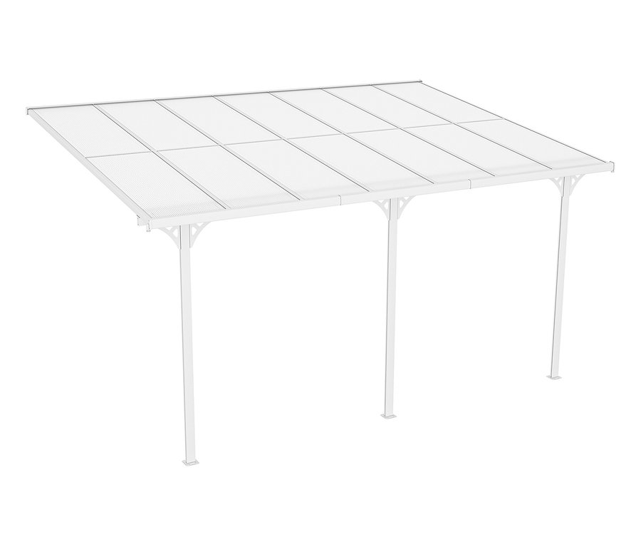 Weiße Terrassenüberdachung, Breite ca. 435 cm.