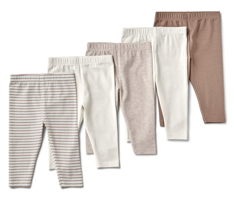 Fünf Kinder-Leggings in verschiedenen Farben und Mustern.