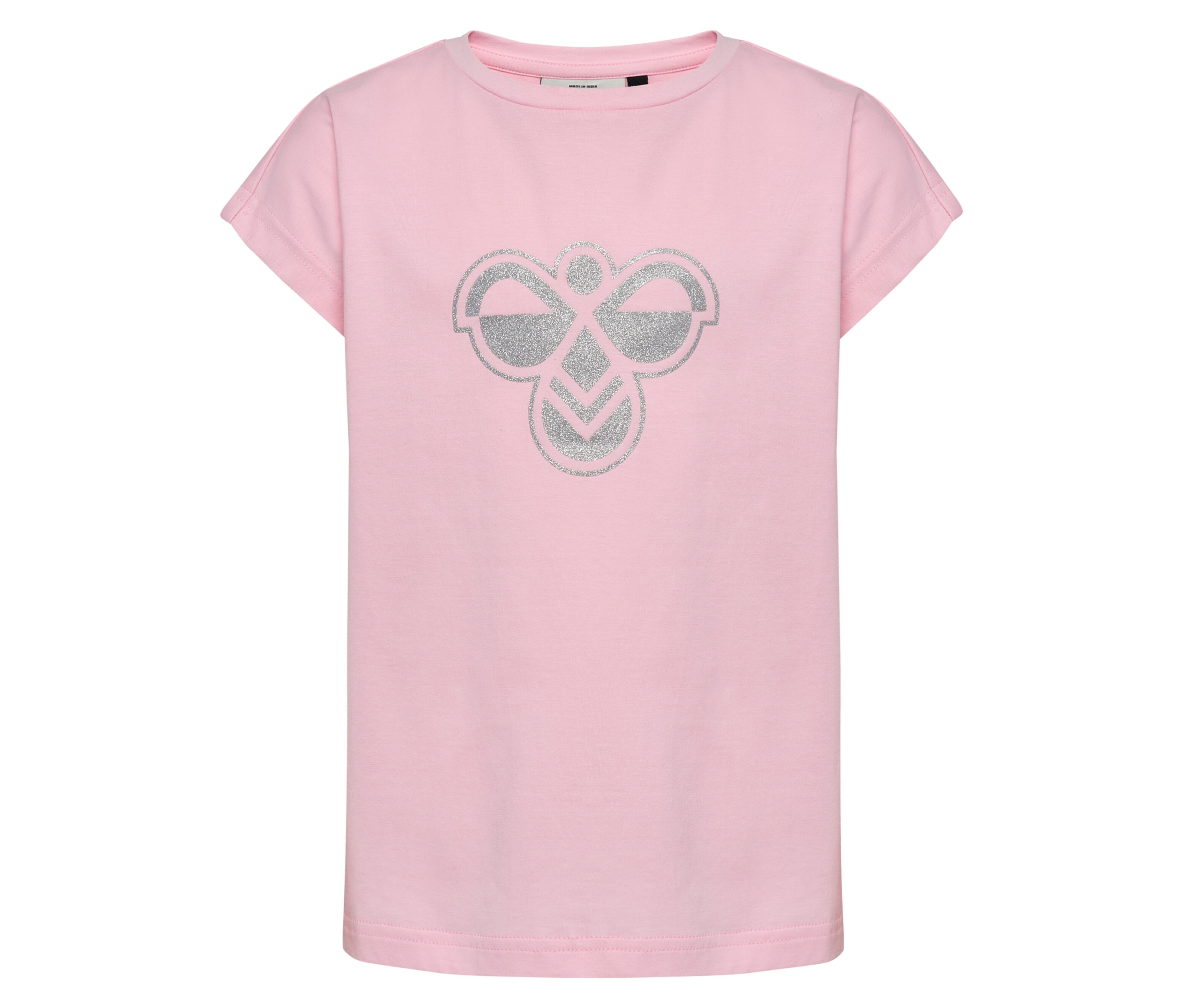 Rosa hummel® HMLJR Reg T-Shirt Big Bee mit großem, silbernem Logo auf der Vorderseite.