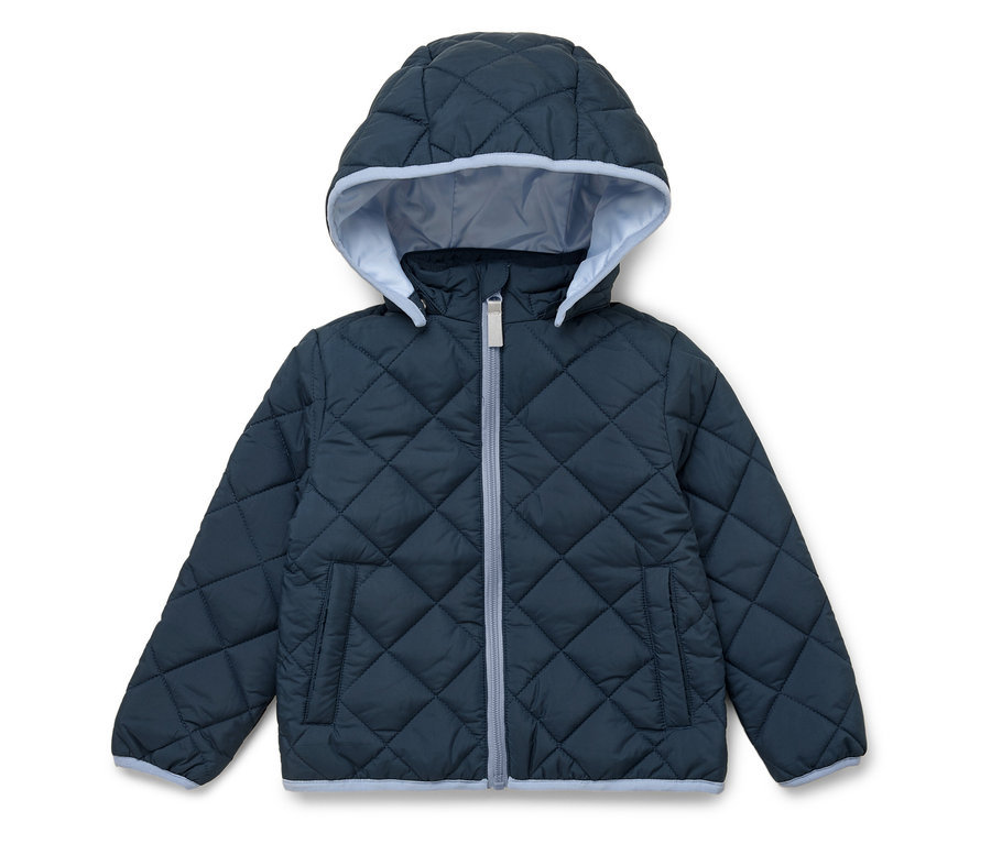 Dunkelblaue Steppjacke mit Kapuze, hellblauem Futter und Reißverschluss