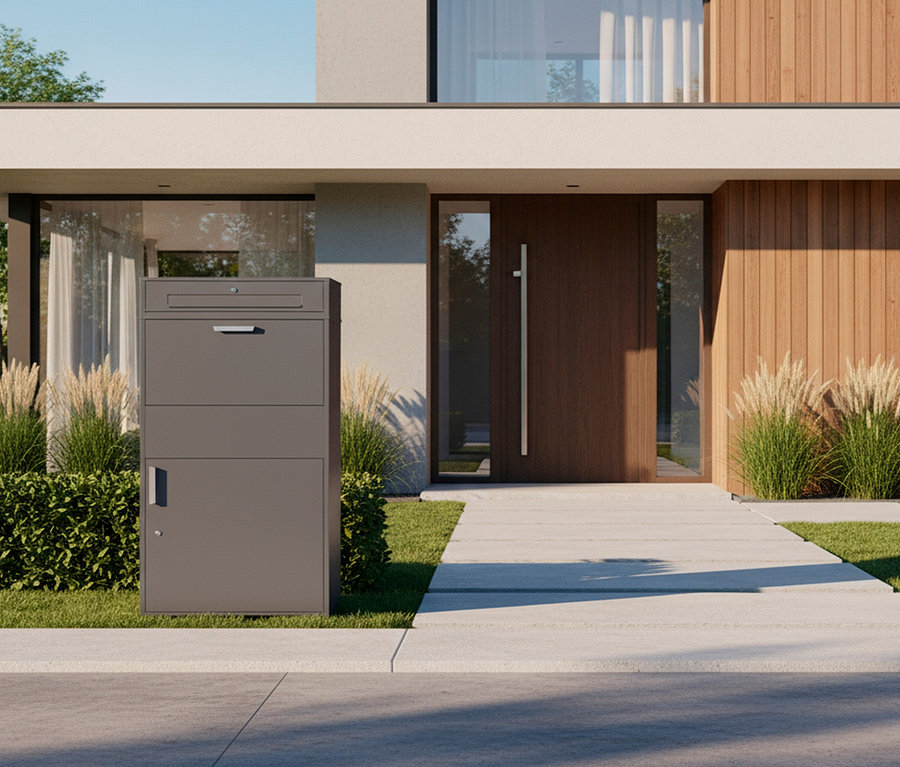 Eine graue Paketbox XXL steht vor einem modernen Haus mit Holztür.
