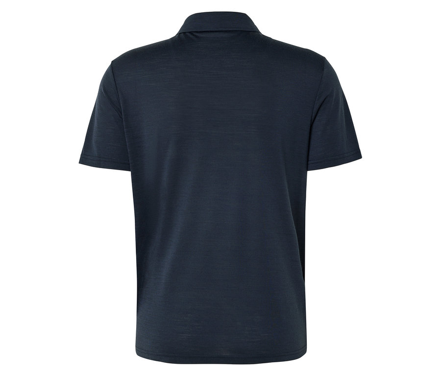 Rückansicht eines dunkelblauen Poloshirts.