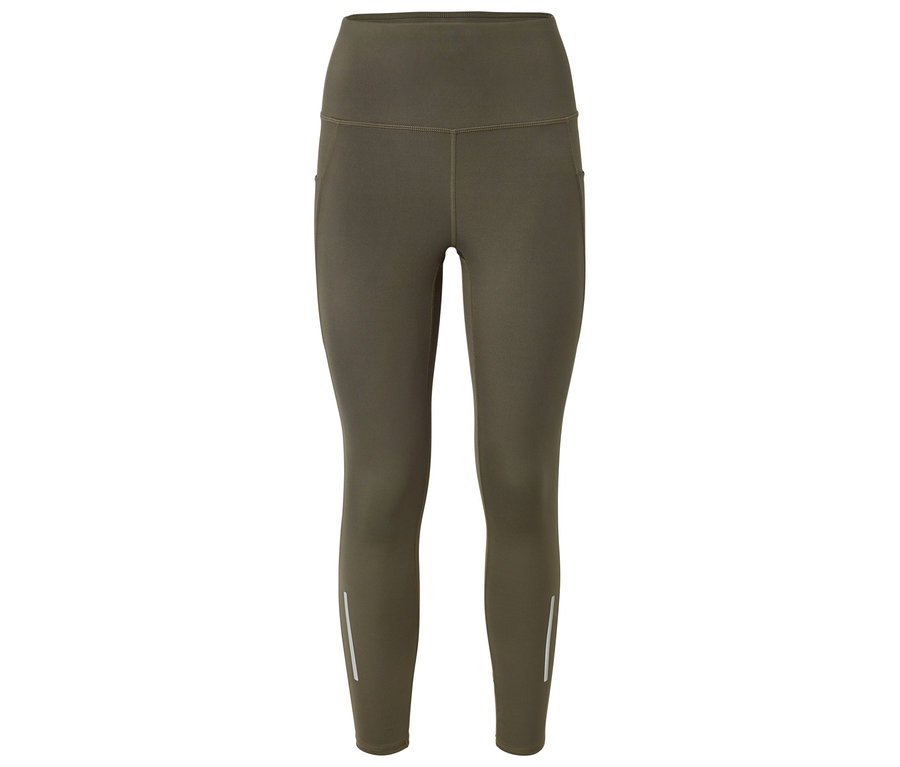 Olivefarbene Leggings mit hoher Taille und reflektierenden Streifen an den Unterschenkeln.
