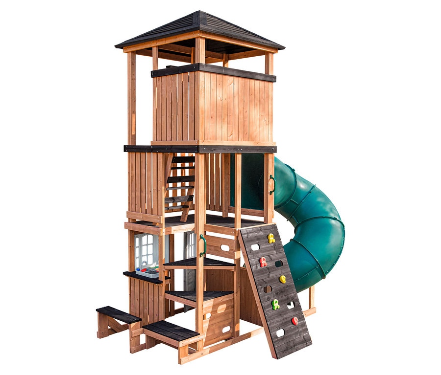 Freistehender Spielturm »Ramba« aus Holz mit Rutsche, Kletterwand und Leiter.