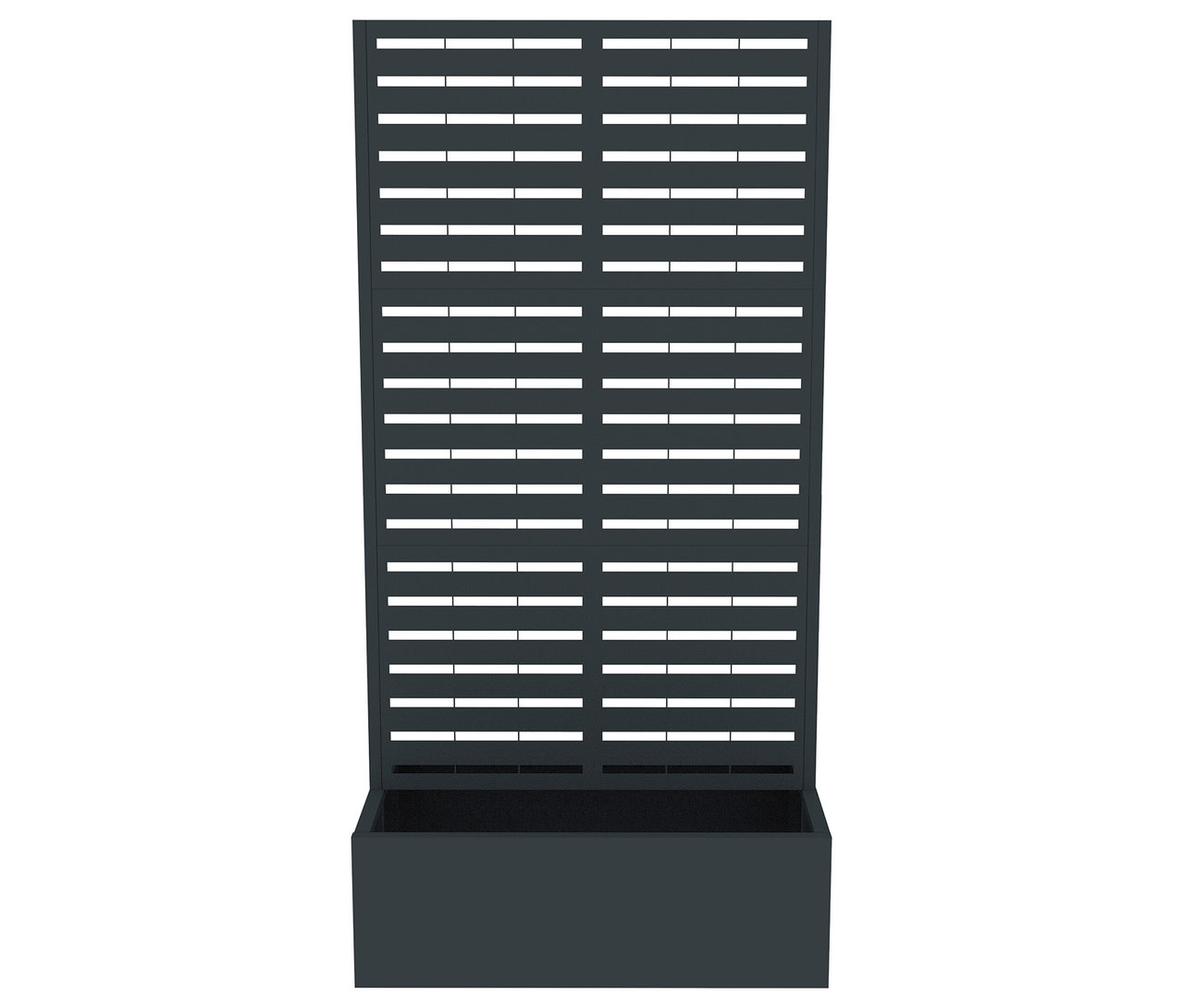 Ein grauer Pflanzkasten mit einer hohen, horizontalen Lattenwand im Hintergrund.