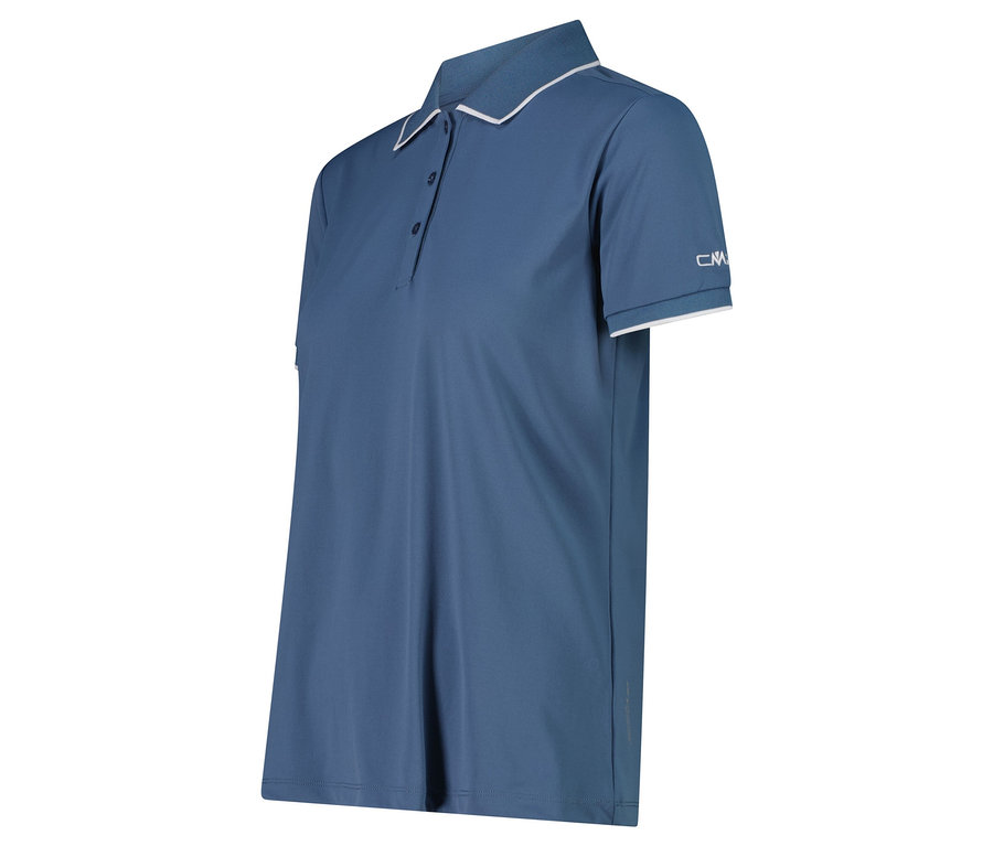 Blaues Poloshirt mit weißem Kragen und Ärmelbündchen.