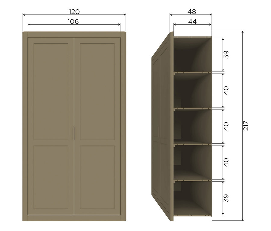 Illustration eines Schranks mit den Maßen 120 x 48 x 217 cm, mit einer geschlossenen Türansicht und einer offenen Ansicht, die vier Regale zeigt.