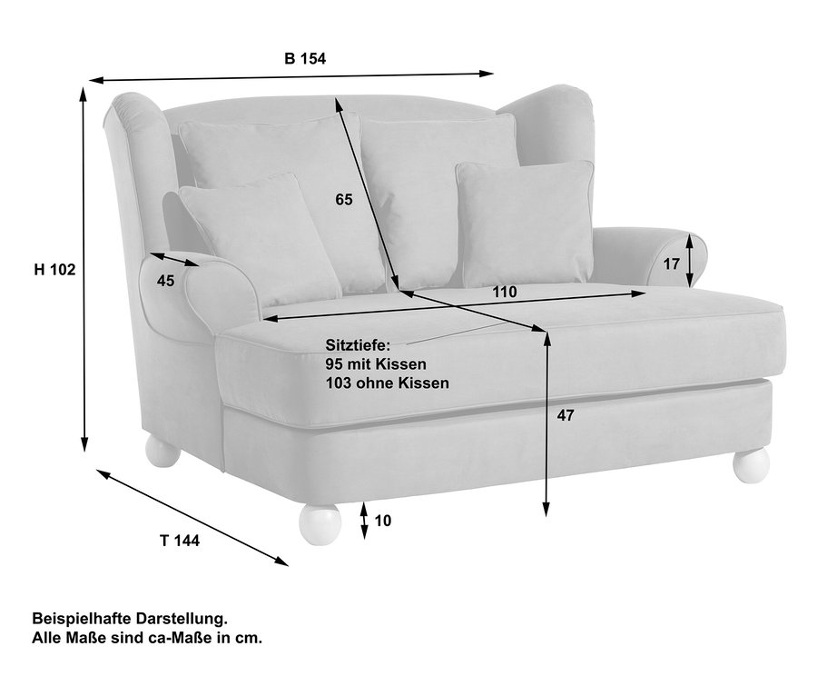 Skizze eines grauen XXL-Ohrensessels »Harvard« mit Maßen, inklusive Kissen.