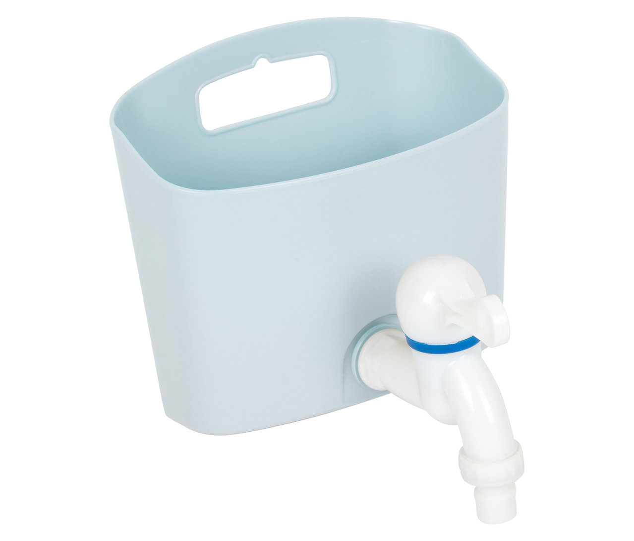 Hellblaue Box mit Griff und weißem Wasserhahn für die small foot Matschküche und Kaufladen.