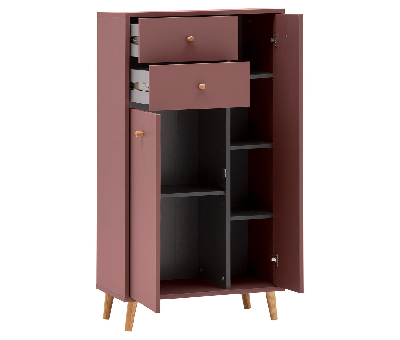 Ein auberginefarbener Schrank mit zwei Schubladen und offenen Türen, der innere Regale zeigt.