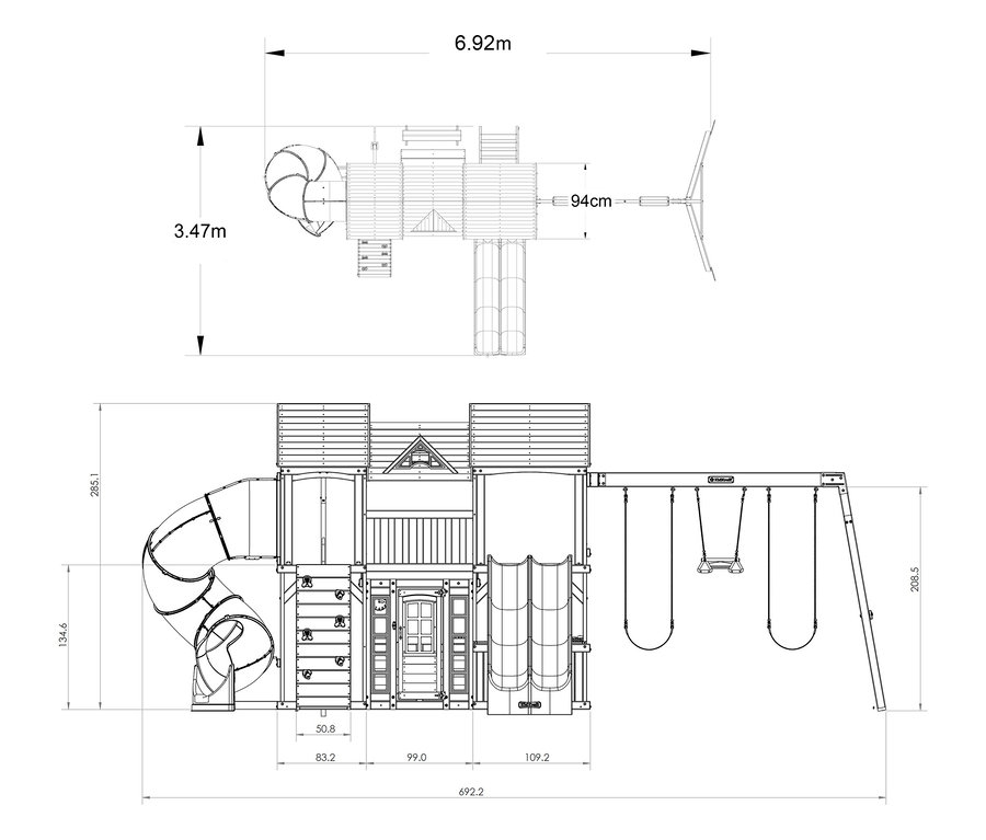 Draufsicht und Vorderansicht des Spielturms »Bolzo« mit Maßangaben.