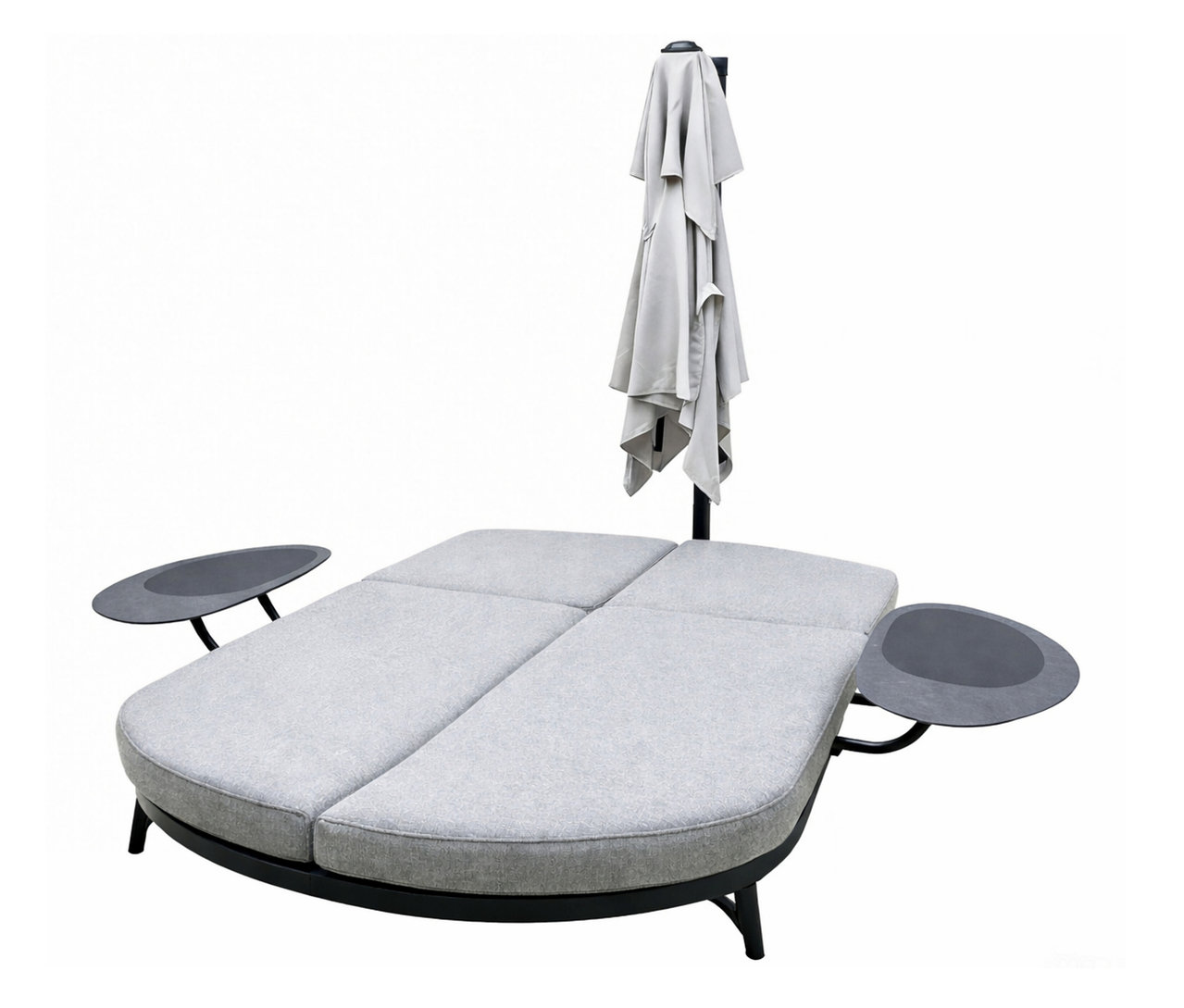 Leco Sonnenliege mit Ampelschirm mit zwei Tischen und grauem Bezug.