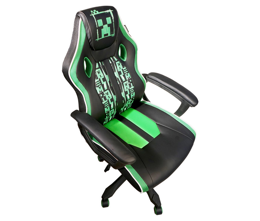 Ein schwarz-grüner Gaming-Stuhl mit einem Minecraft-Creeper-Design auf der Kopfstütze.