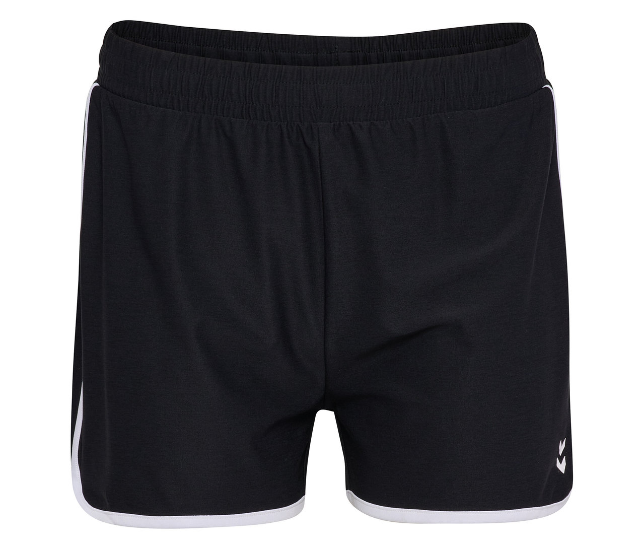 Schwarze HUMMEL Damen-Shorts mit Gummibund und weißen Streifen an den Seiten und am Saum.