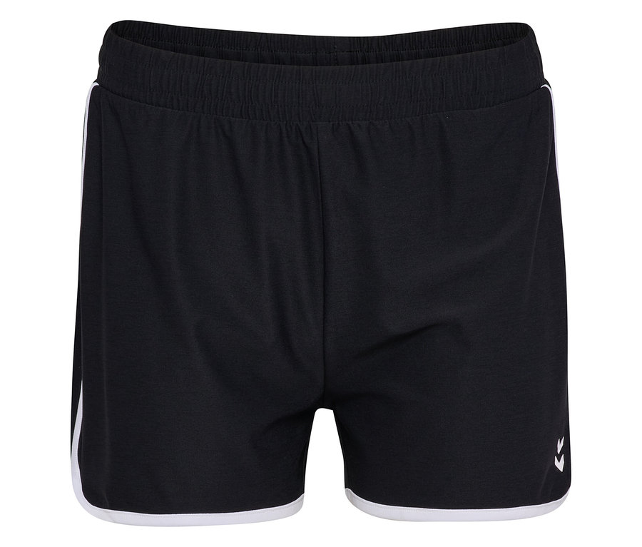 Schwarze HUMMEL Damen-Shorts mit Gummibund und weißen Streifen an den Seiten und am Saum.