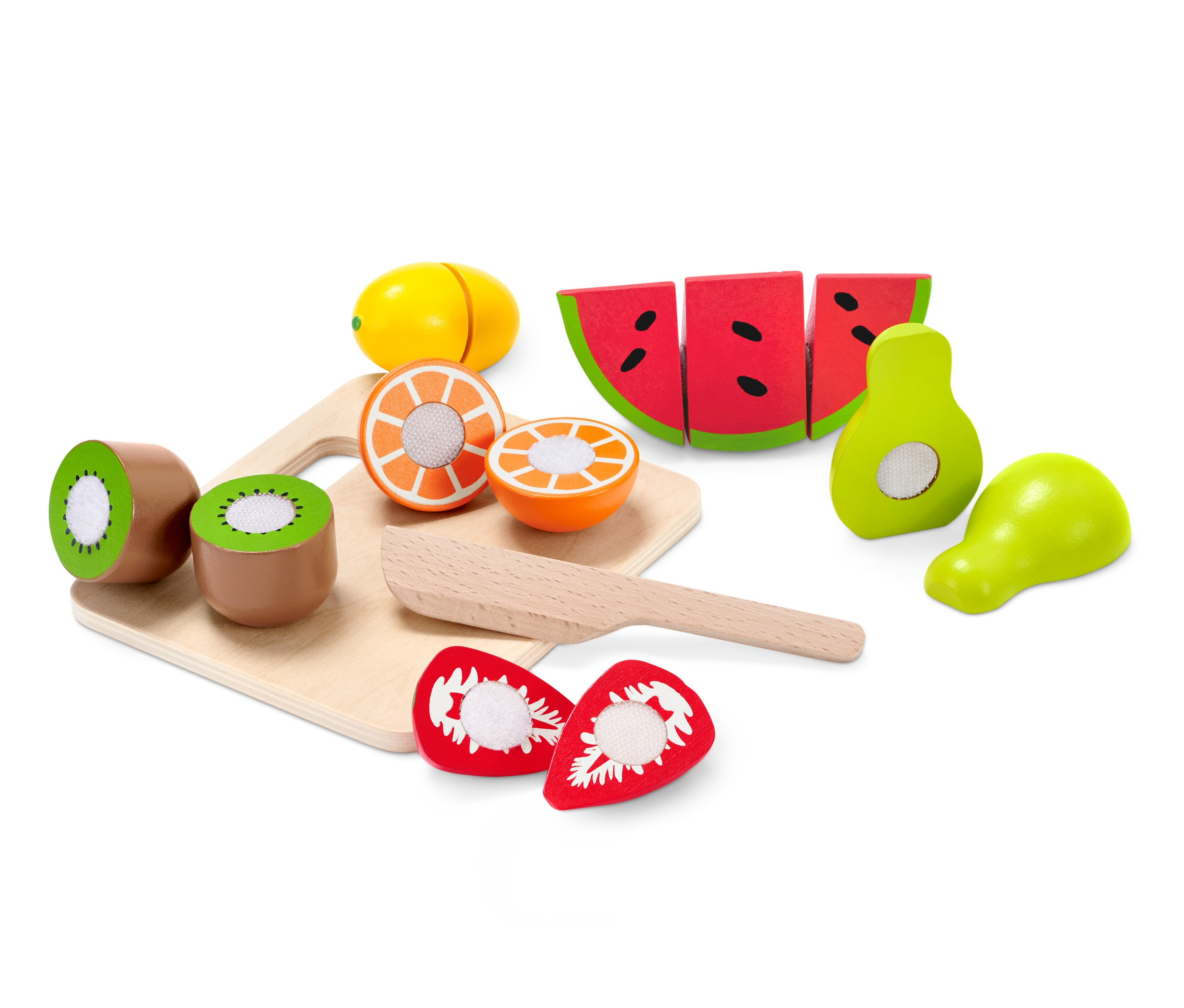 Holzschneideset »Früchtchen« mit Kiwi, Orange, Zitrone, Wassermelone, Avocado, Erdbeere und Messer auf einem Schneidebrett.