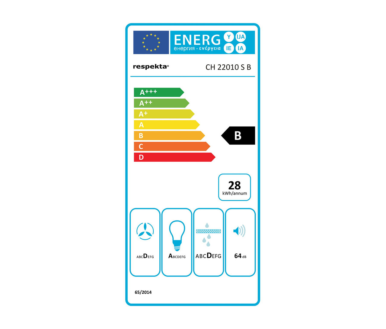 Energieetikett mit B-Klasse, 28 kWh/annum, 64 dB.