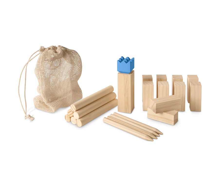 Mini-Kubb-Spiel Set aus Holzblöcken, Stöcken und blauer Krone mit beigem Tragebeutel.