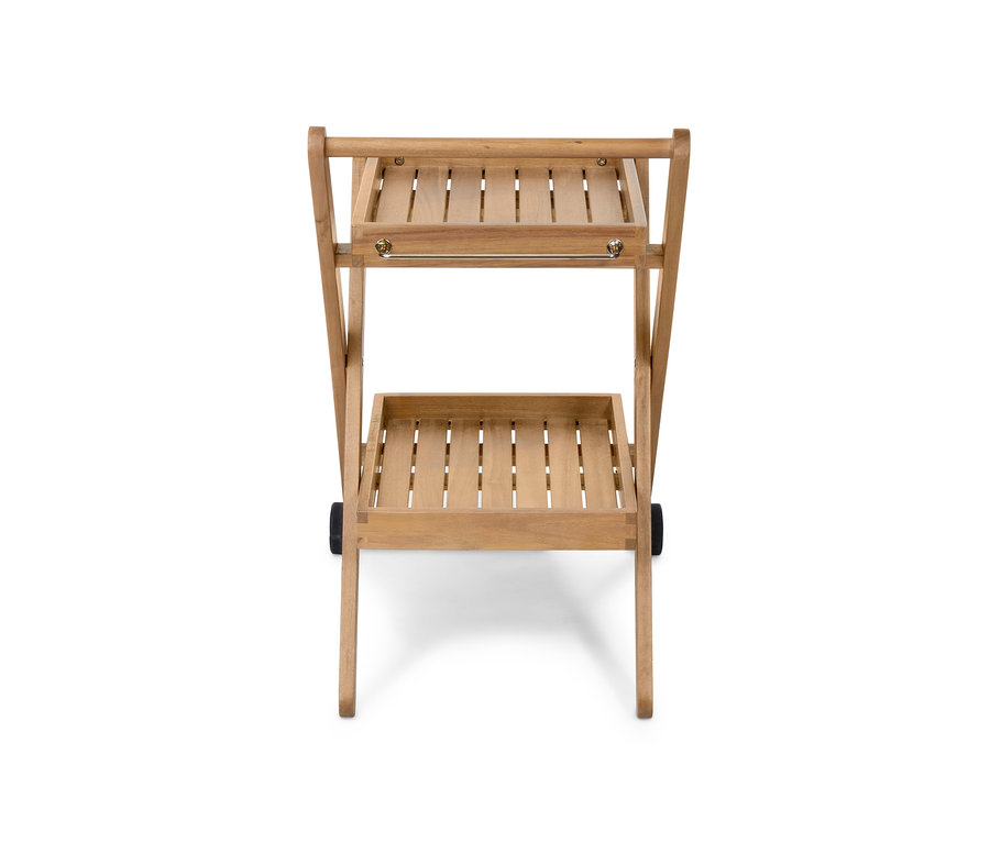 Zusammenklappbarer Grillwagen »Lenja« mit zwei Ablageflächen aus hellem braunen Schichtholz und zwei schwarzen Rädern.