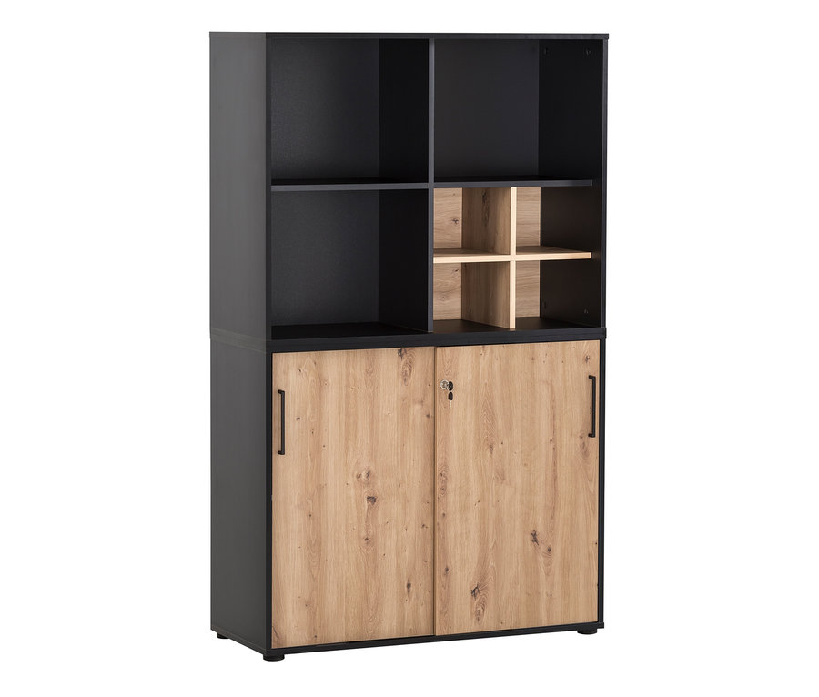 Ein schwarzer Aktenschrank »Aino« mit Regalkreuz »Aino« und Holztüren.