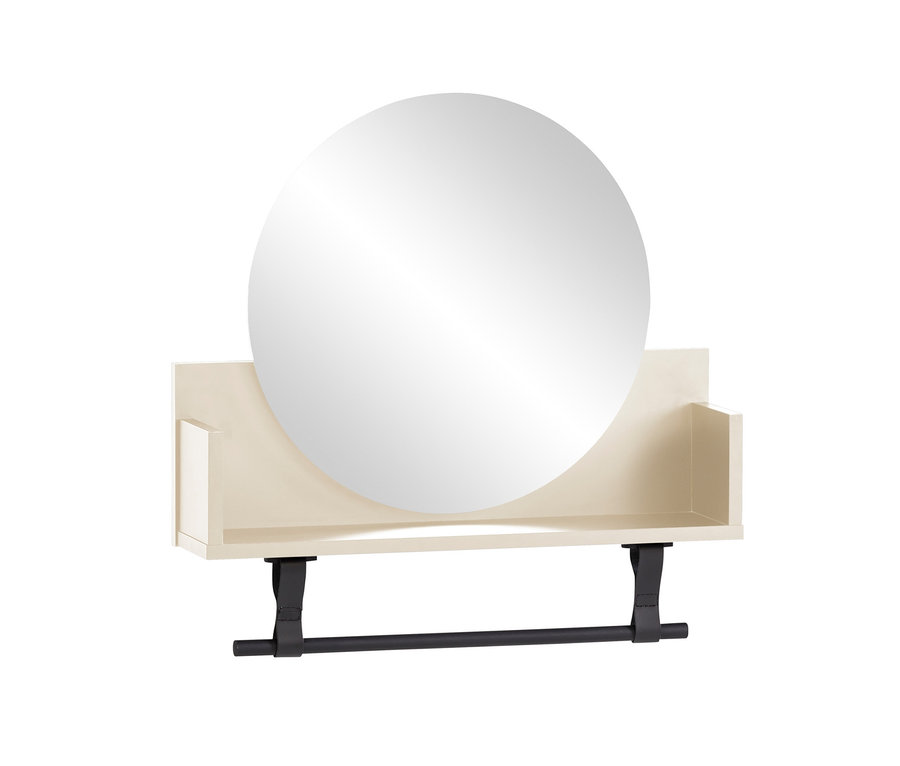 Runder Spiegel auf beigem Regal mit schwarzer Stange.