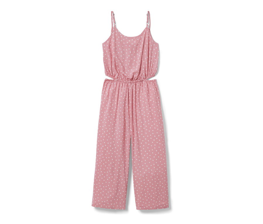 Rosa Kinder-Web-Jumpsuit in 7/8-Länge mit weißen Punkten.