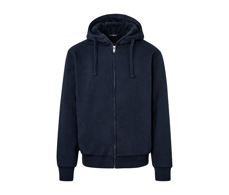 Marineblaue Kapuzen-Sweatjacke mit Teddyplüsch-Futter und Reißverschluss in der Mitte.