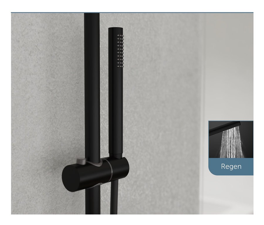 Detailansicht eines schwarzen Duschsystems »AQUADUCT«.