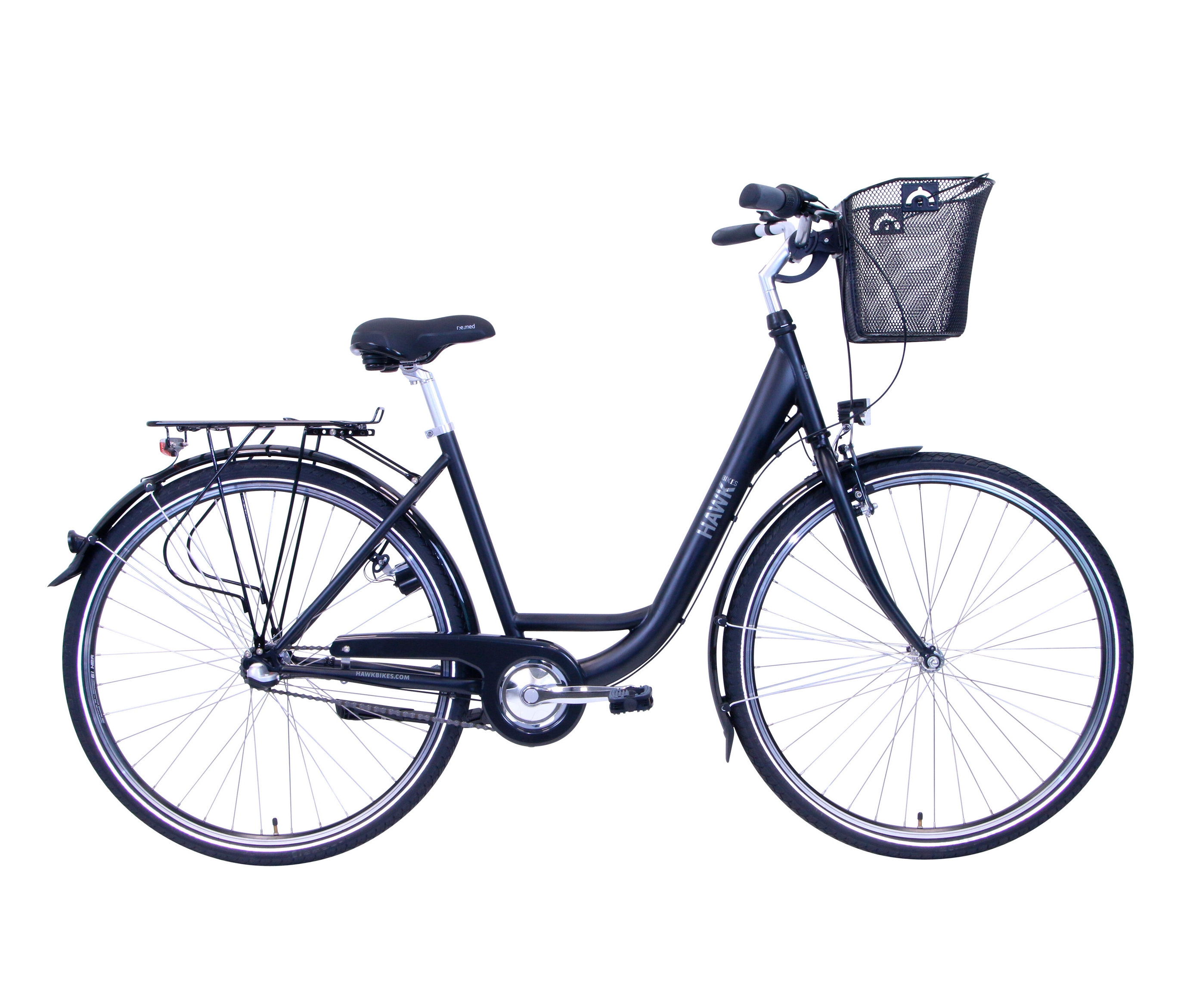 Schwarzes HAWK Bikes City Wave Premium Plus Fahrrad mit einem Korb vorne.