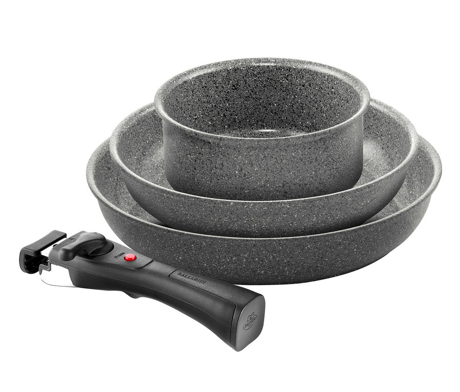 Ein BALLARINI Torre Aluminium-Bratpfannen-Set mit abnehmbarem Griff.