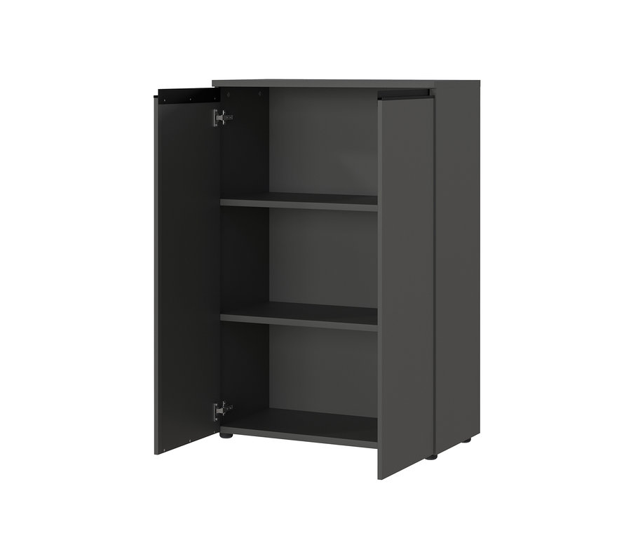 Teilweise geöffneter, kleiner graphitfarbener Aktenschrank »Bedano« mit drei Regalen.