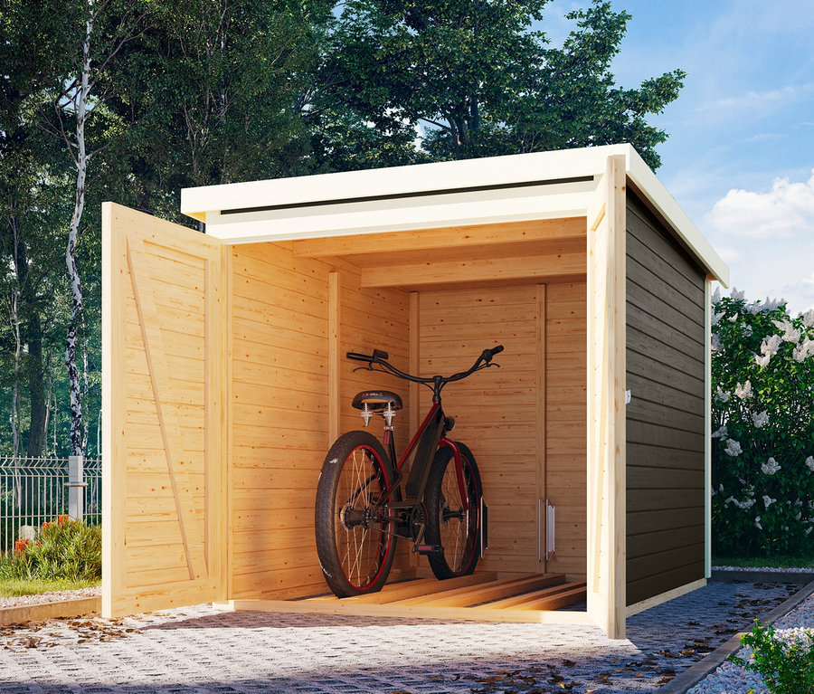 Geöffnete Karibu Fahrrad-Garage mit einem Fahrrad drinnen.