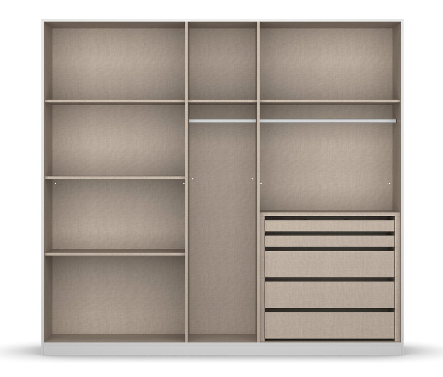 Innenansicht eines graumetallicfarbenen Monostar Schranks mit 4 Regalböden, Kleiderstange und 4 Schubladen.