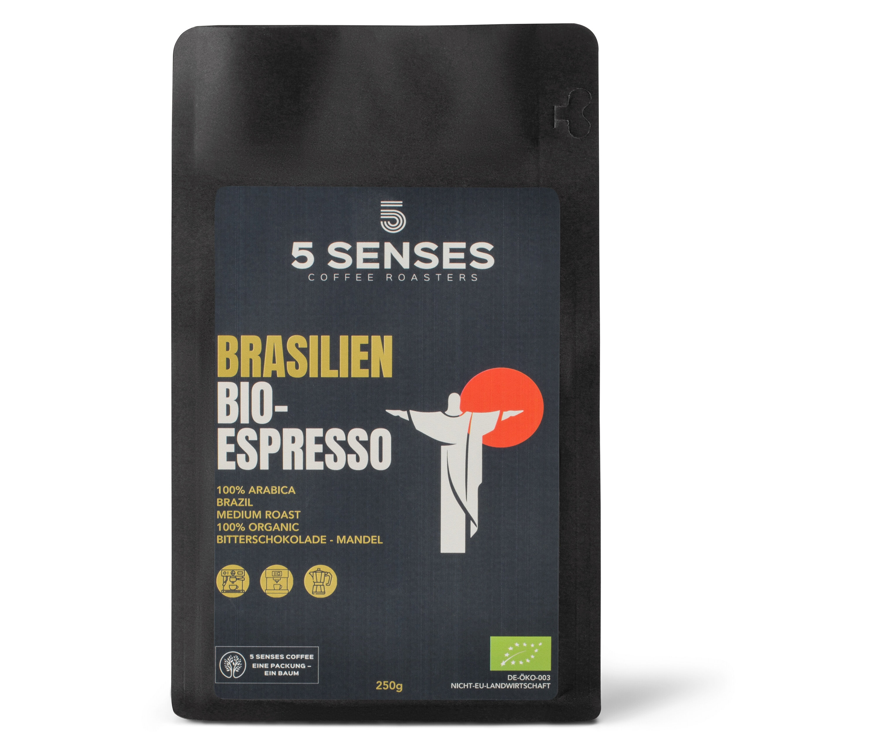 Eine 250g Packung 5 Senses Brazil Bio-Espresso Ganze Bohne. Auf der Packung sind eine Statue von Cristo Redentor und ein roter Kreis abgebildet.