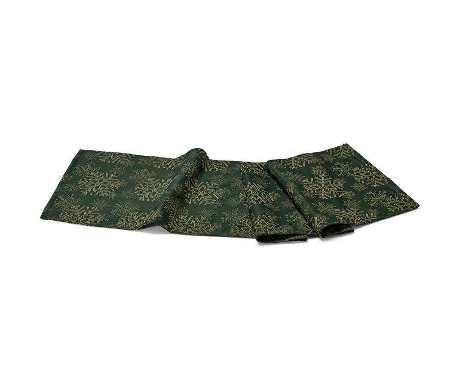 Grüner Jacquard-Tischläufer mit Schneeflockenmuster.