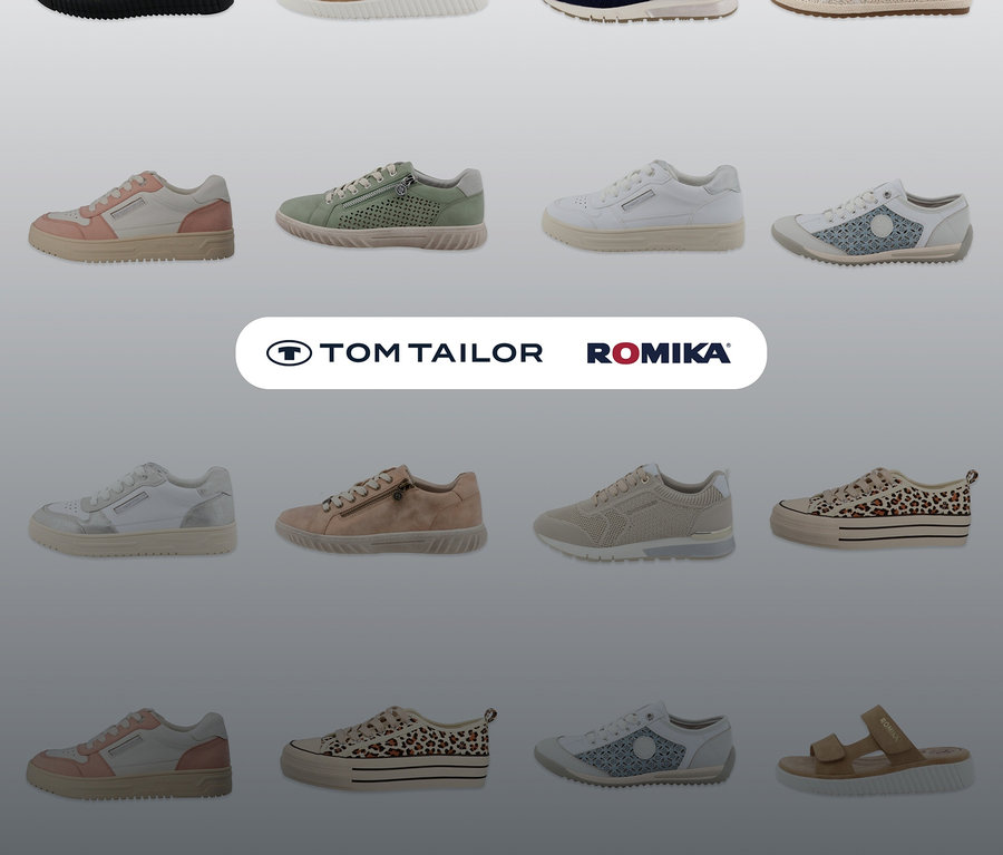 Verschiedene Schuhe von Tom Tailor und Romika, darunter eine Romika Sandale, PU sand.