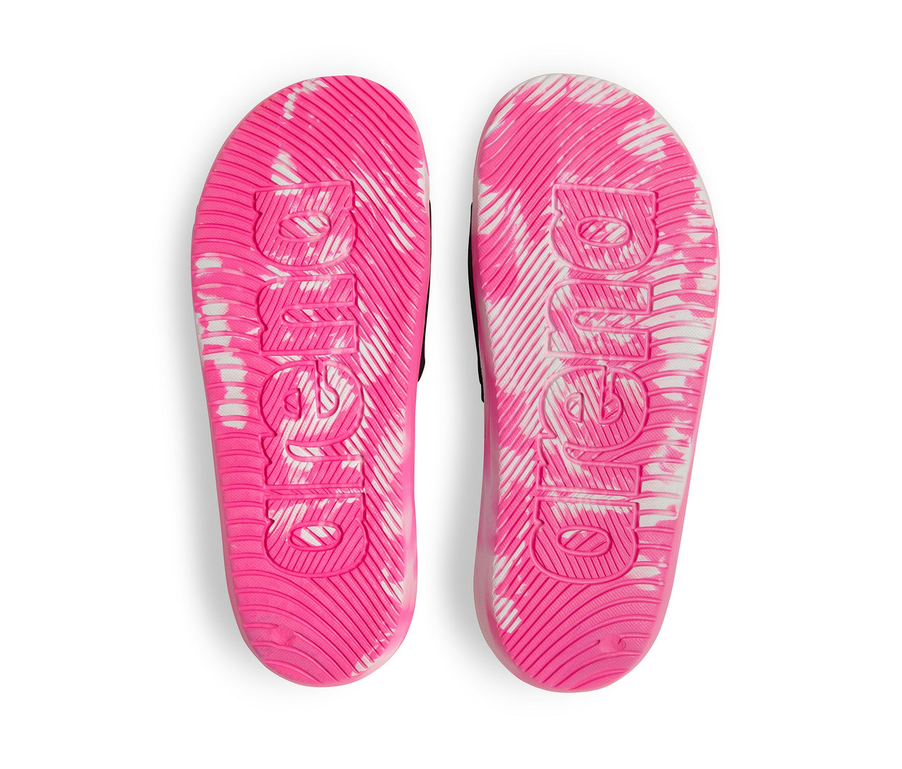 Zwei pinke arena Kinder-Badesandalen Junior Urban Active mit weißem Muster und Logo.