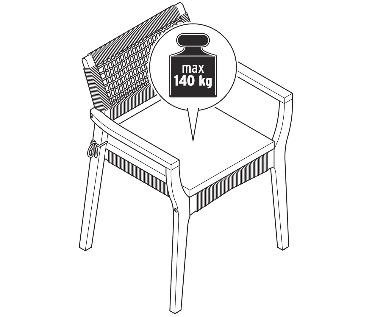 Skizze eines stapelbaren Dining-Stuhls inkl. Sitzkissen mit maximaler Belastbarkeit von 140 kg.