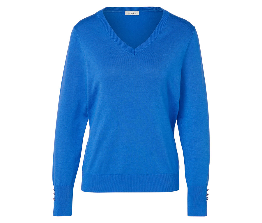 Blauer V-Ausschnitt Pullover.