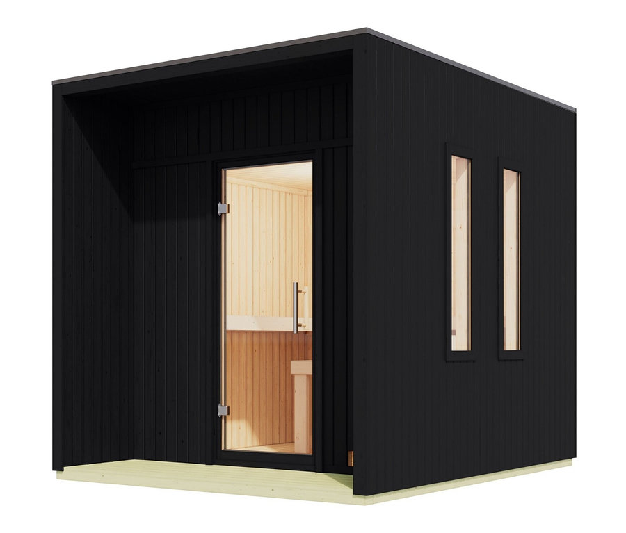 Schwarzes Karibu Saunahaus »Gwen« klein, Classic mit Glastür und zwei Fenstern.