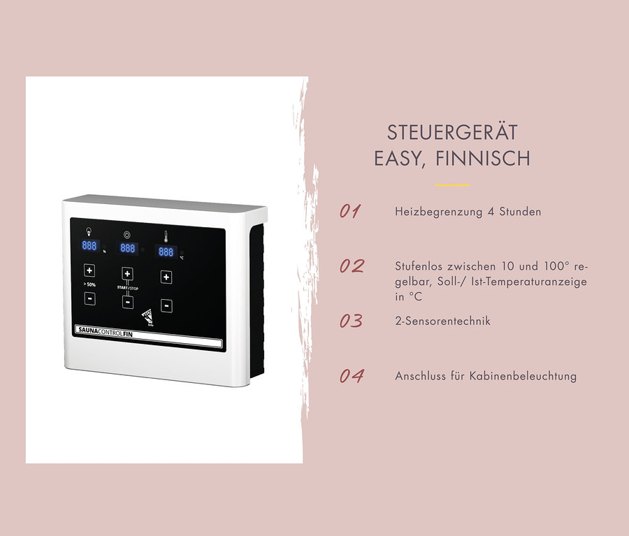 Karibu Würfelsaunahaus 1 Bedienfeld mit schwarzem Touchdisplay und weißem Rahmen.