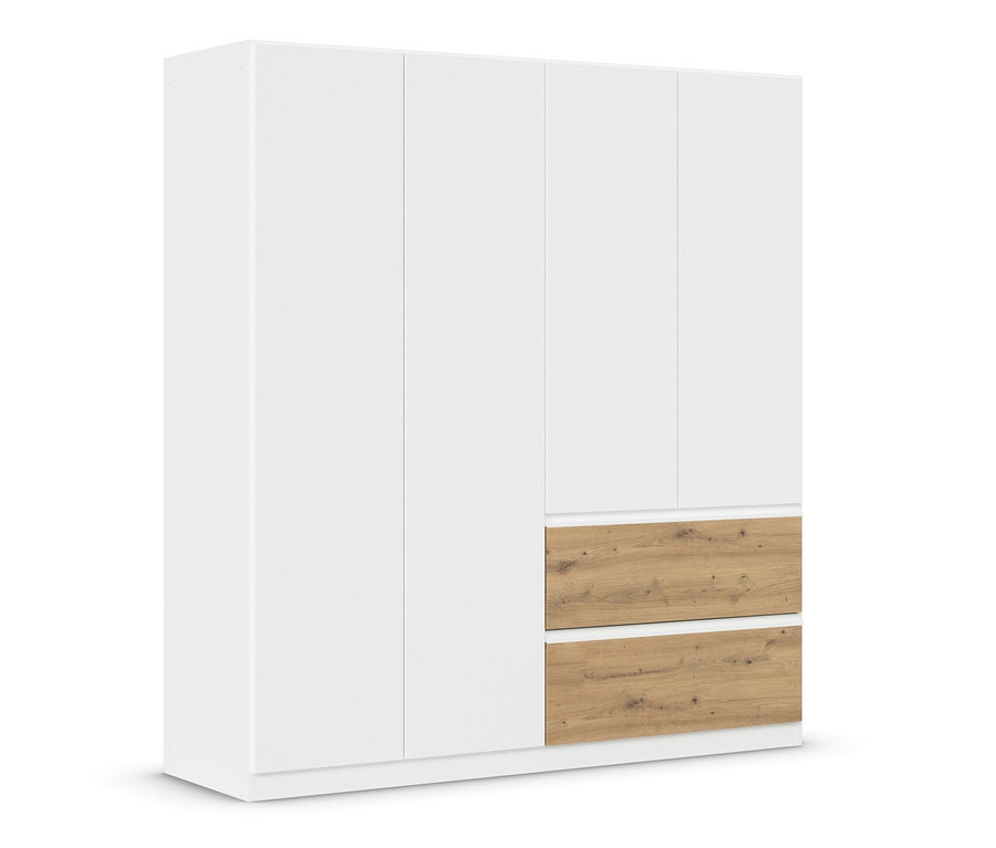 Frontansicht des weißen Rauch Kleiderschranks »Joel« mit vier Türen und Akzenten in Eiche Artisan.